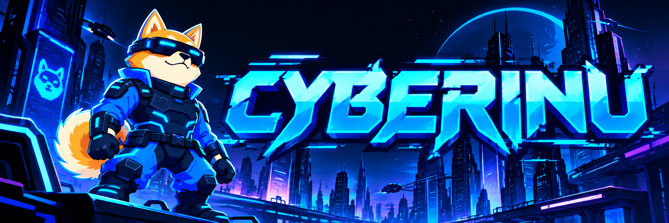 CyberInu banner: the armored Shiba Inu above a neon cyberpunk city with the CYBERINU title