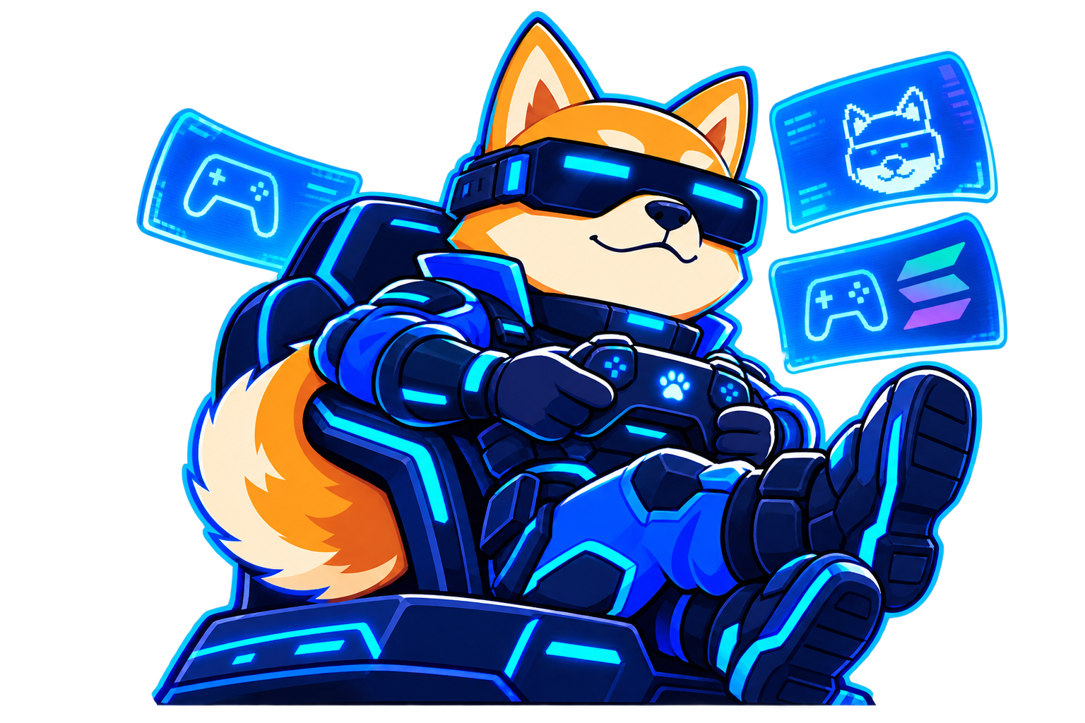 CyberInu leaning back in a neon gaming chair, holding a controller with a glowing paw print
